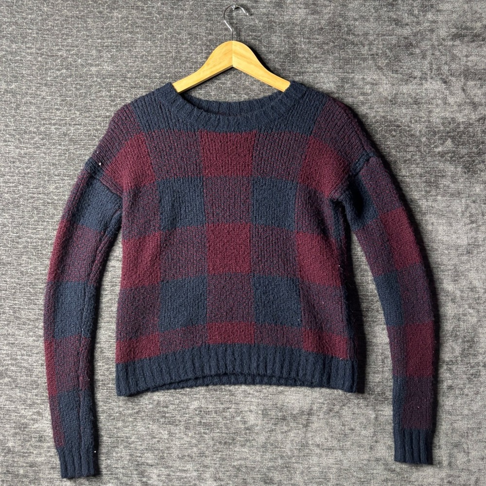 Abercrombie & Fitch Womens XS Navy Burgundy Buffalo Plaid Crew Neck Knit Sweater